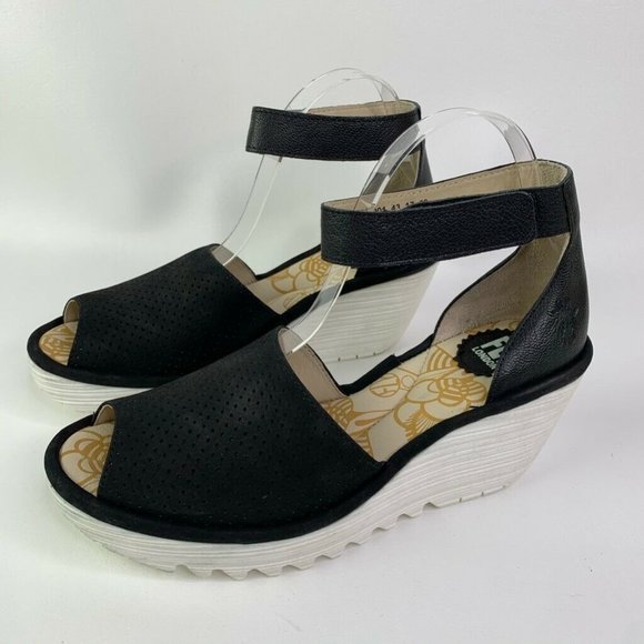 FLY London Black Wedge Ankle Strap Sandals - Picture 5 of 8